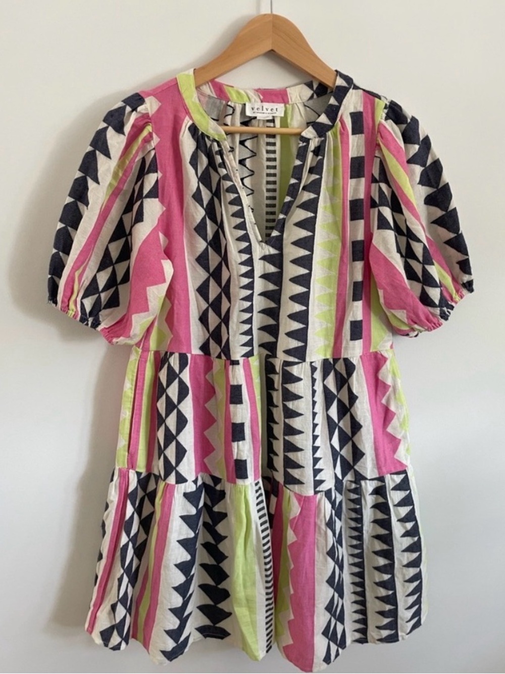 Velvet by Graham & Spencer Pink, Black & Lime Geo Tiered Midi Dress